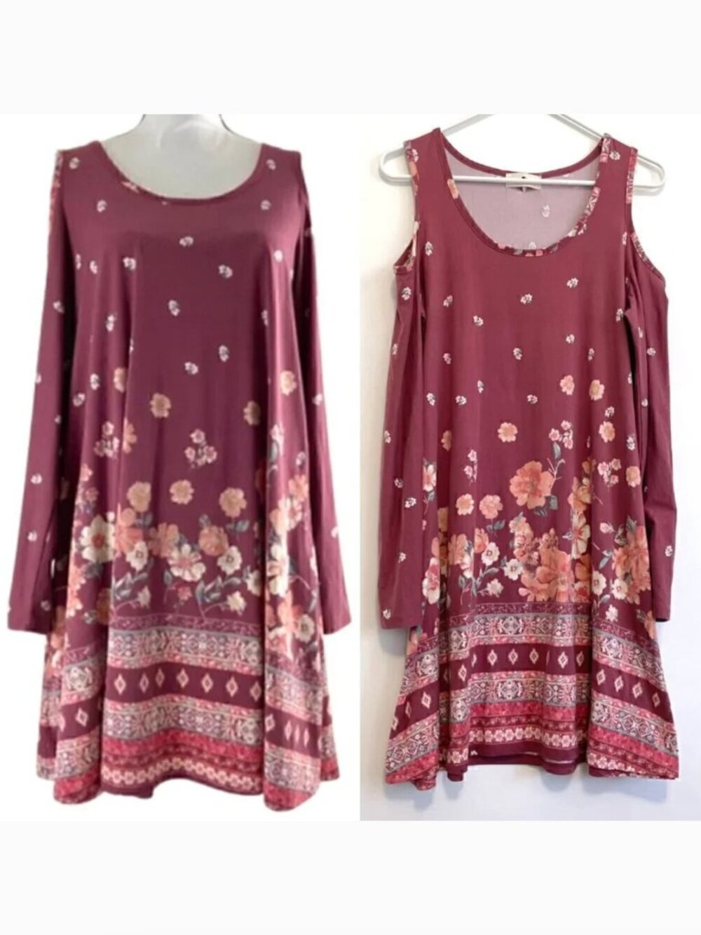 DEREK HEART Mauve Pink Floral Border Print Cold Shoulder Long Sleeve Shift Dress